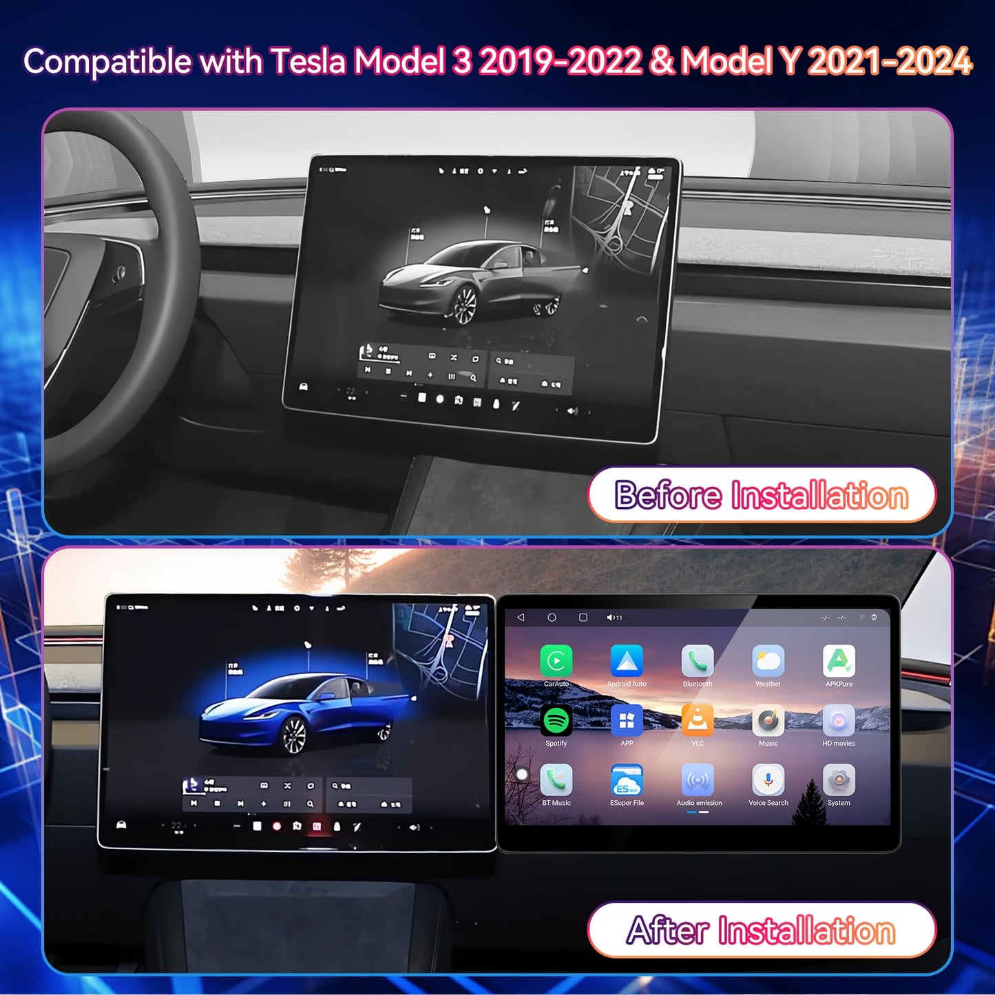 15.6" Android Co-Pilot Screen for Tesla Model 3 & Model Y with CarPlay
