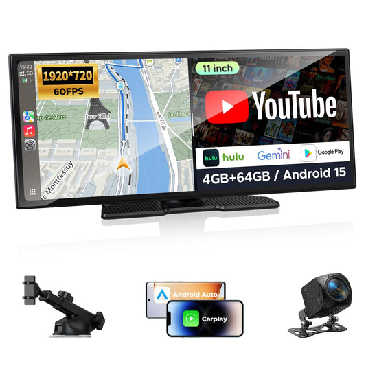 11" AI CarPlay Screen with Google Play GPS Android Auto & DVR Camera