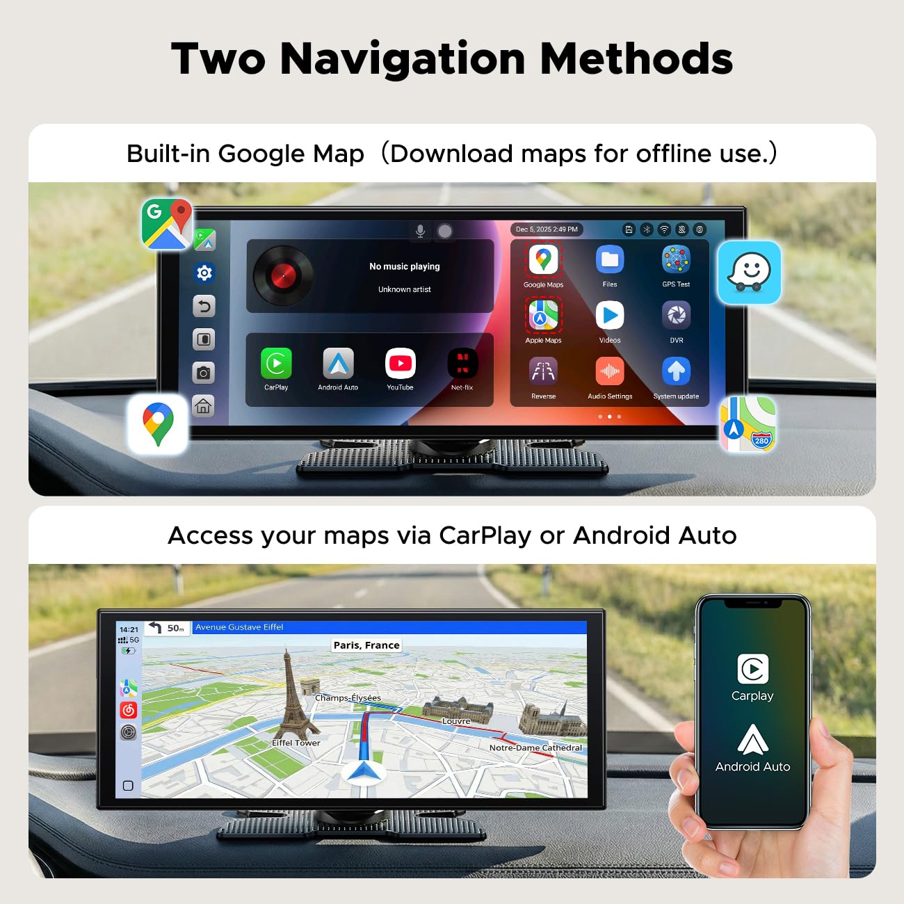 11" AI CarPlay Screen with Google Play GPS Android Auto & DVR Camera