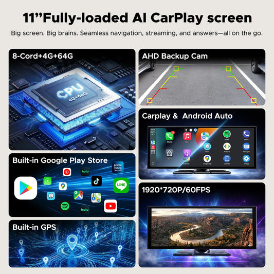 11" AI CarPlay Screen with Google Play GPS Android Auto & DVR Camera